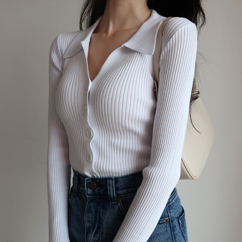 Women 2023 New Lapel Slim Slimming Tops Ladies Hollow Buttons Sexy V Neck Long Sleeve POLO Neck Knit Cardigan Sweater Women