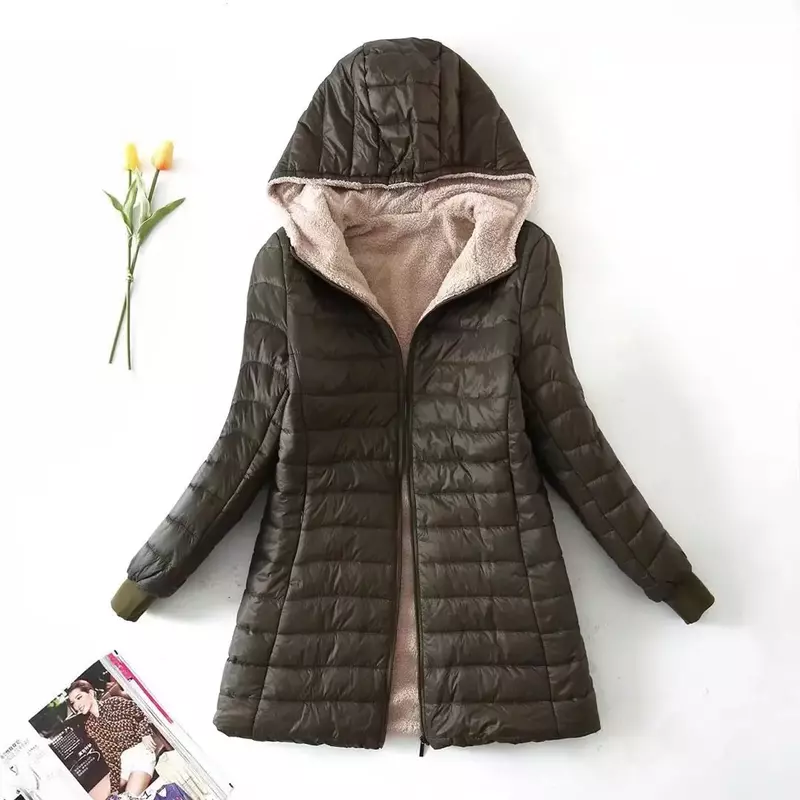 Jaket wanita bertudung, jaket wanita musim dingin, baru, pertengahan panjang, edisi Korea, bertudung, PAS, bulu domba, jaket parka katun hangat