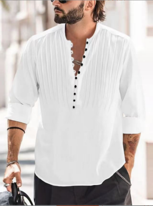 Рубашка мужская с завязками на пуговицах, блуза из хлопка и льна, складная сорочка с длинными рукавами, Повседневная сорочка, однотонная, 2024