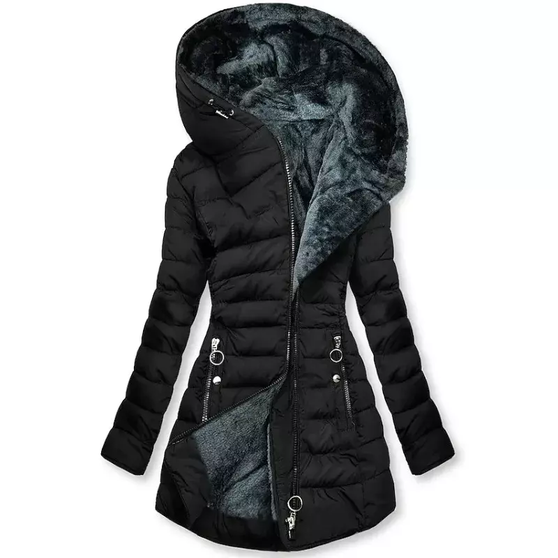 Jaket parka katun empuk wanita, jaket ritsleting ramping parka kerah bulu hangat musim dingin, mantel bertudung lengan panjang