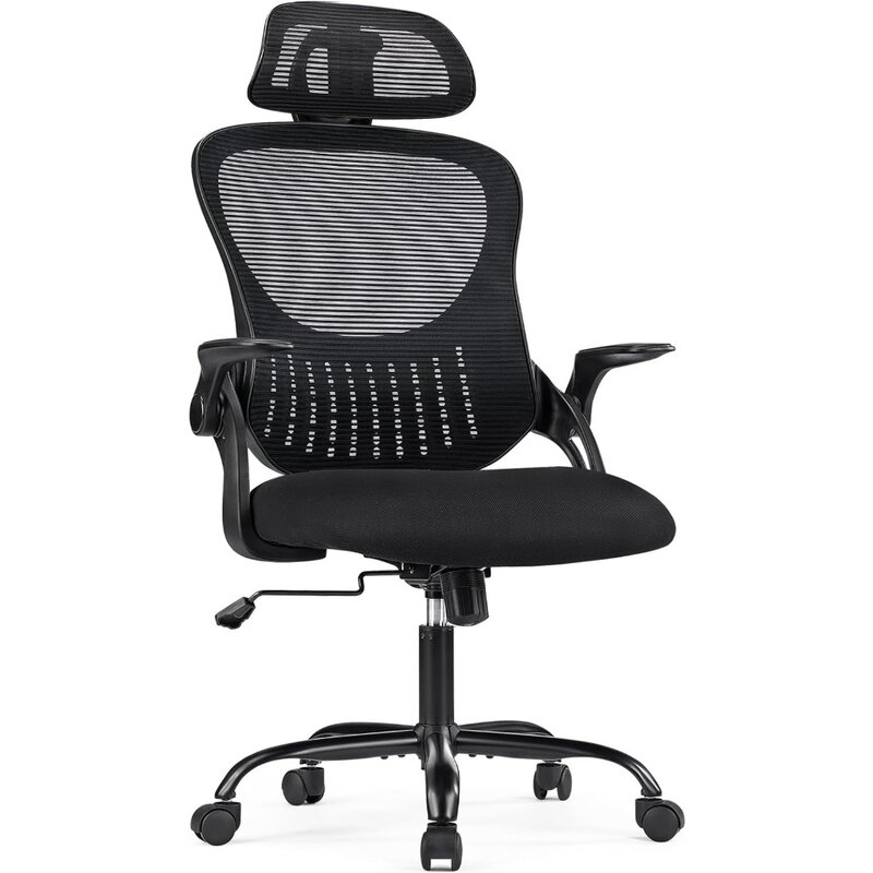 Kursi kantor ergonomis, kursi meja komputer jaring punggung tinggi dengan roda, sandaran kepala dapat disetel dan lengan lipat, kursi