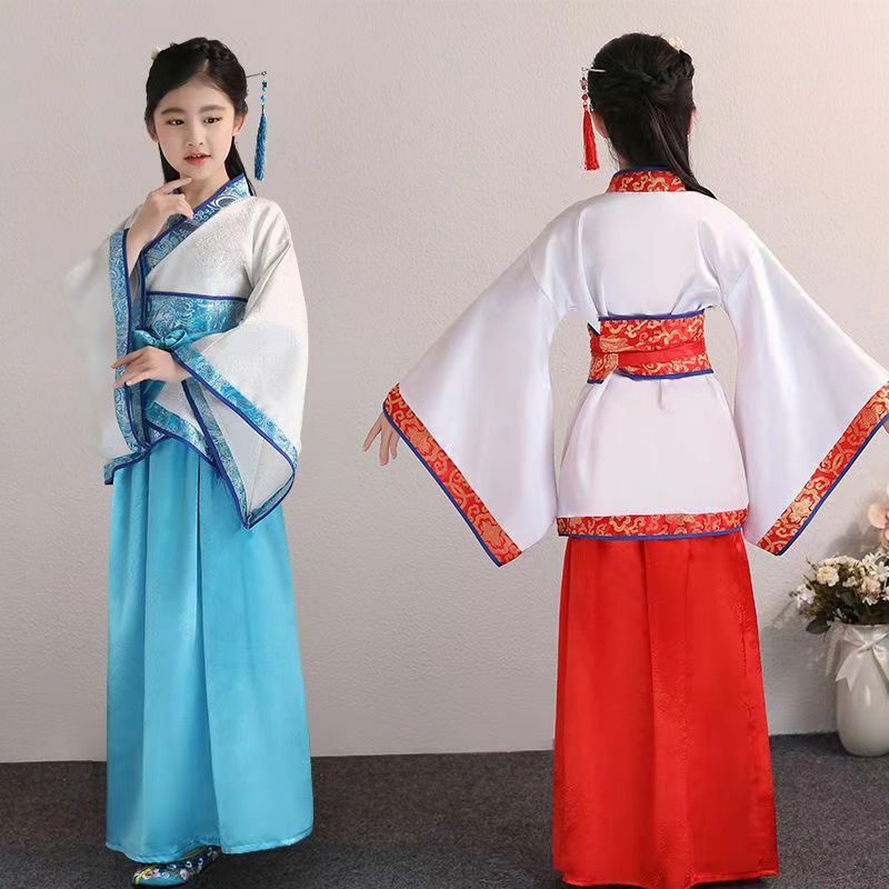 Disfraz de bata de seda China para niñas y niños, Kimono chino tradicional, Vintage, étnico, abanico, estudiantes, coro, baile, Hanfu