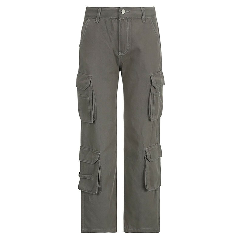 Women's Cargo Denim Trousers Retro Casual Straight Multi Pockets Denim Pants High Waist Workwear Pocket Stitching Jeans Female