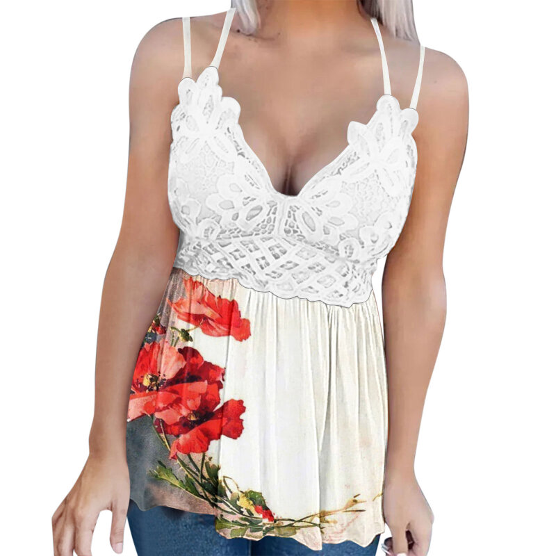 Women's Clothing Tanks Camis Adjustable Lace Patchwork T-Shirt Vest Summer Sleeveless Deep V-Neck Shirts Female Sexy Halter Tops