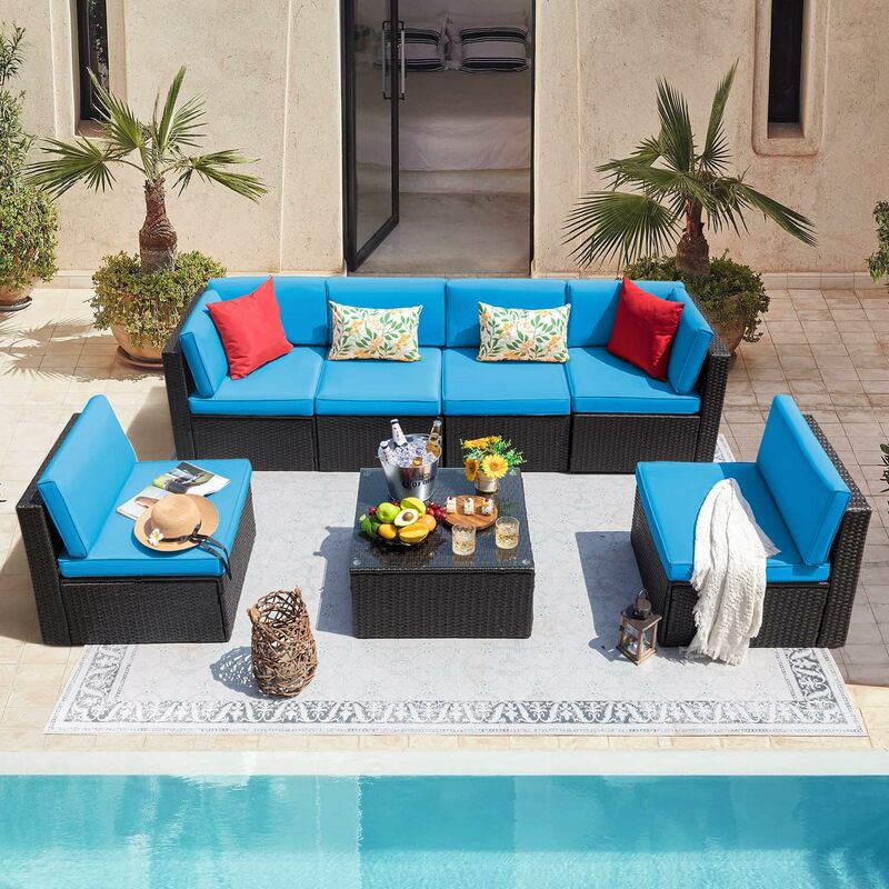 Mobiliário de pátio com almofada e mesa de vidro, sofá secional ao ar livre, tecelagem manual, azul, 7 pcs