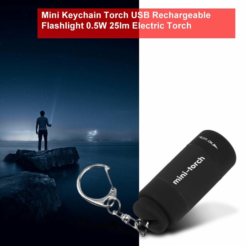휴대용 미니 키체인 토치, USB 충전식 손전등, 전기 토치 컴팩트, 야외 캠핑 손전등, 0.5W, 25lm