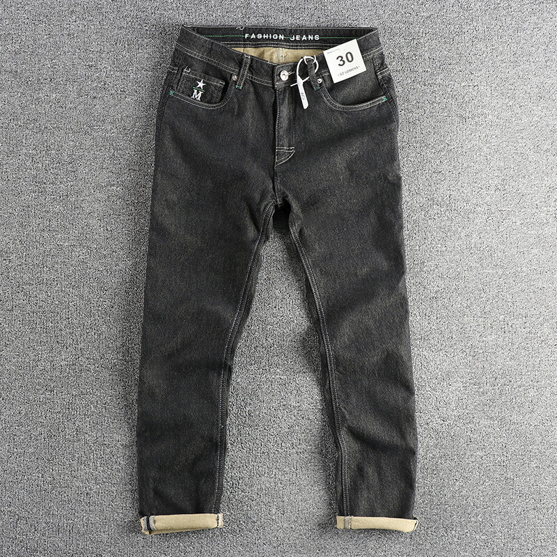 Artesanato pesado masculino bordado de jeans preto lavado, fino, pequeno, reto, elástico, confortável, nova moda, verão