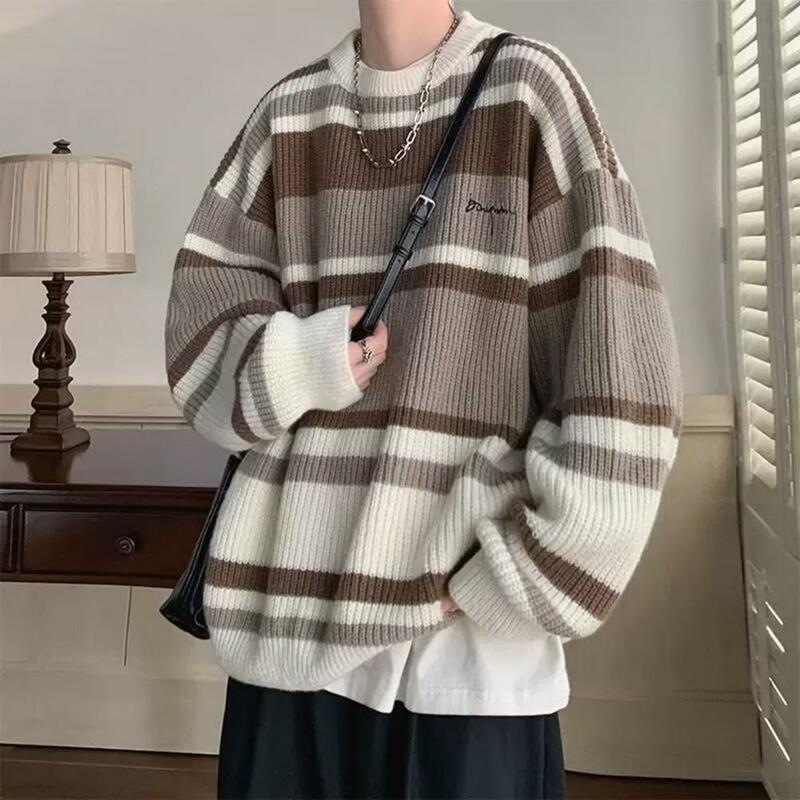 Męski sweter Base styl japoński z dzianiny typu Colorblock gruby ciepły sweter z długim rękawem Retro jesienno-zimowa Mid