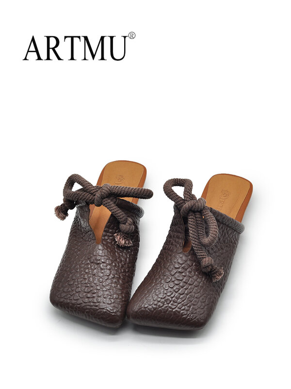 Artmu Original Retro Genuine Leather Square Toe Women Slippers 2024 New Summer Outside Wear Handmade Slippers Designer Sandals