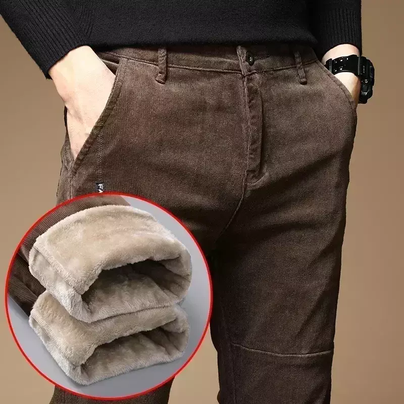 2023 nowy zimowy polar ciepły spodnie sztruksowe męski moda biznesowa Slim Fit Stretch zagęścić szaro-zielony puch spodnie typu Casual mężczyzna