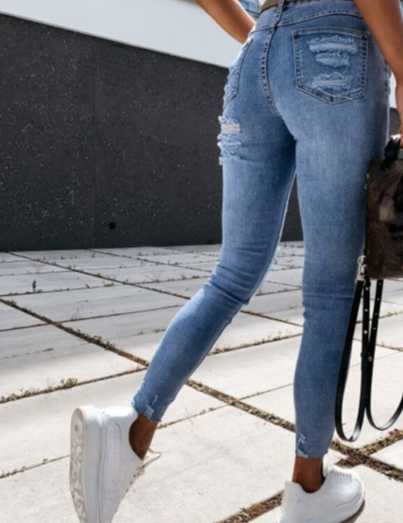 Осенне-зимние новые стильные рваные узкие модные загородные джинсовые брюки женские джинсы