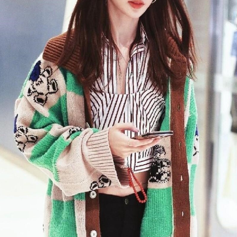Deeptown-suéter con estampado de oso de estilo coreano para mujer, Jersey de punto suelto a cuadros Kawaii, chándal con cuello tipo Polo de moda japonesa, otoño
