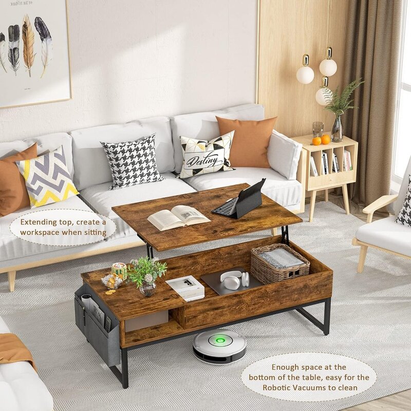 Mesa central com moldura de madeira com bolsos laterais, mesa elevatória ajustável para sala de estar, mesas de café, mobília do café