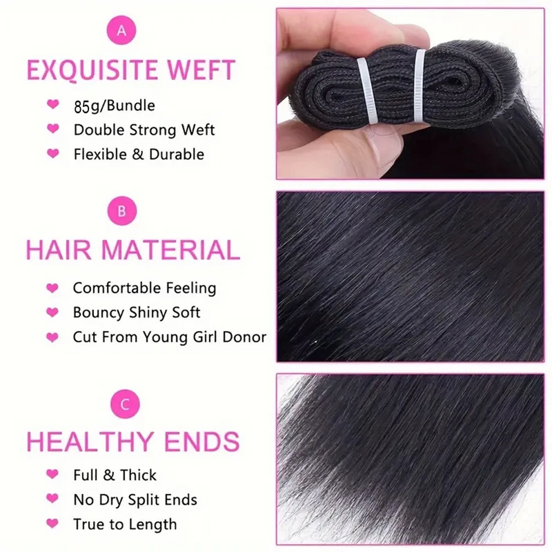 Extensiones de cabello humano virgen, mechones rectos y cortos de Malasia, 100% cabello humano crudo, 2/3/5 piezas, color Natural