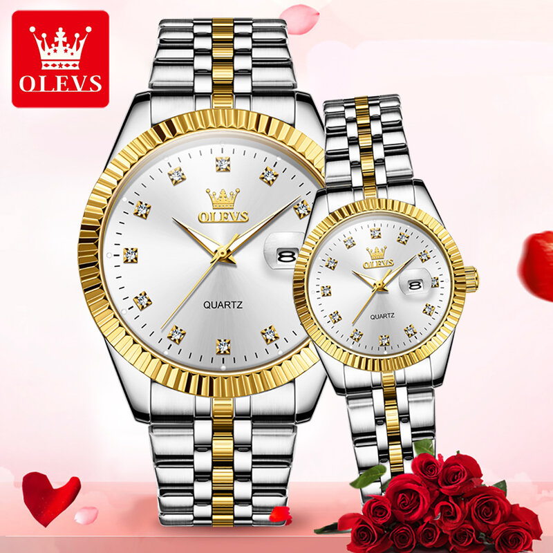 OLEVS 5526 Top Brand Diamond Couple Watches Calendar Luxury Quartz Watch For Men Women Stainless Steel Waterproof Luminous Watch