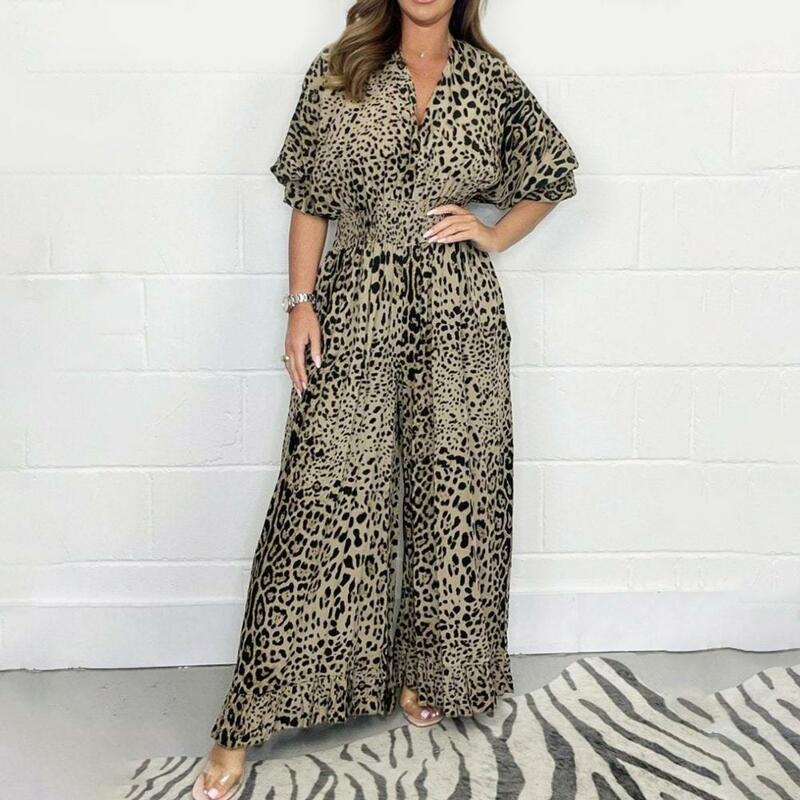 Macacão feminino com padrão leopardo, bolso casual, solto, comprimento, trajeto, praia, calças compridas, novo, verão, 2022