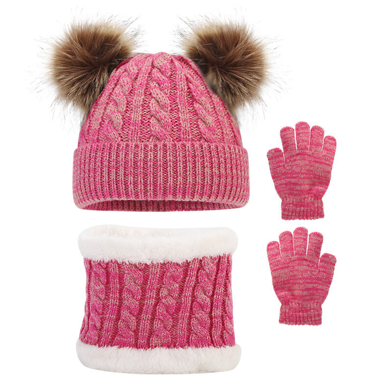 Kids Hat and Scarf 3 Piece Set Girls Boys Warm Thick Casual Beanie Knitted Beanie Hat with Plush Pom + Faux Fur Scarf + Gloves