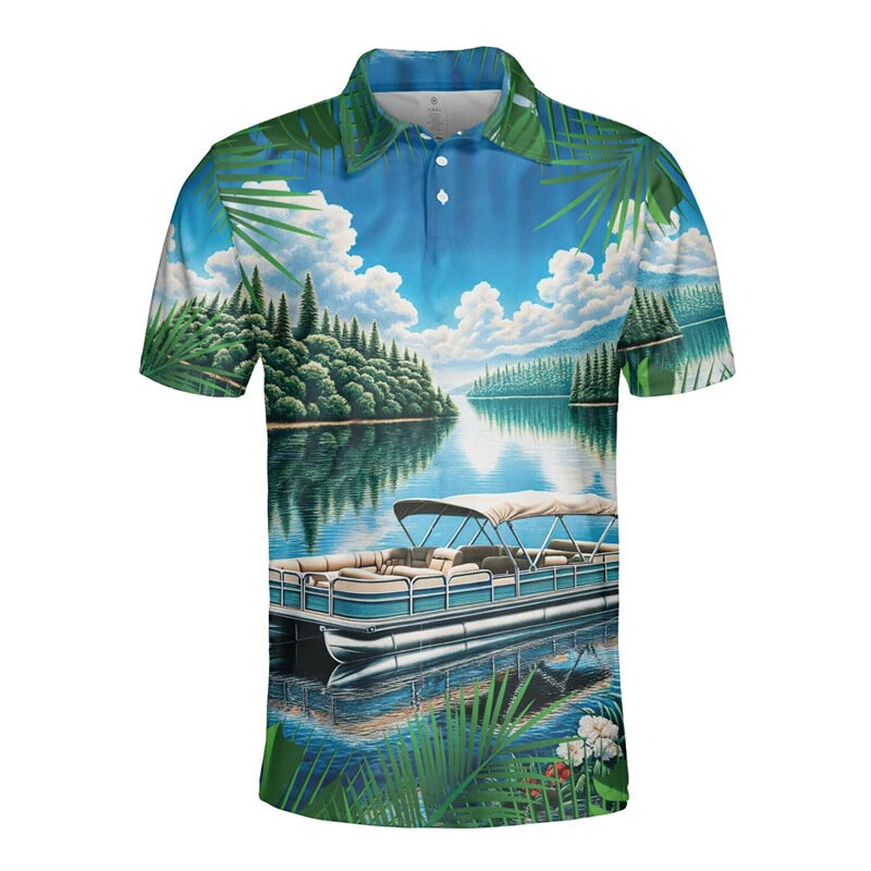 The Ship 3D 프린트 캐주얼 폴로 셔츠, 반팔 단추, 캐주얼 패턴 티셔츠, 편안한 상의 티, 여름 패션