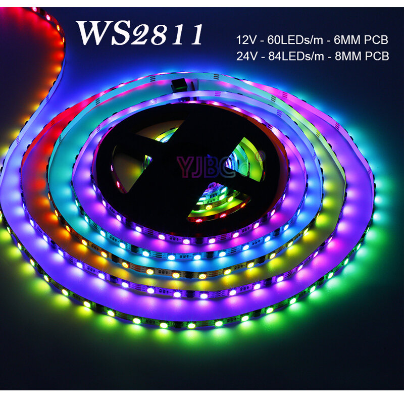 LEDストリップライト,フレキシブルライトバー,白,PCB,ws2811,rgbピクセル,外部ic,ip30,6mm, 8mm, 10mm, 12v,24v,5m, 60 leds 84leds、m、5050