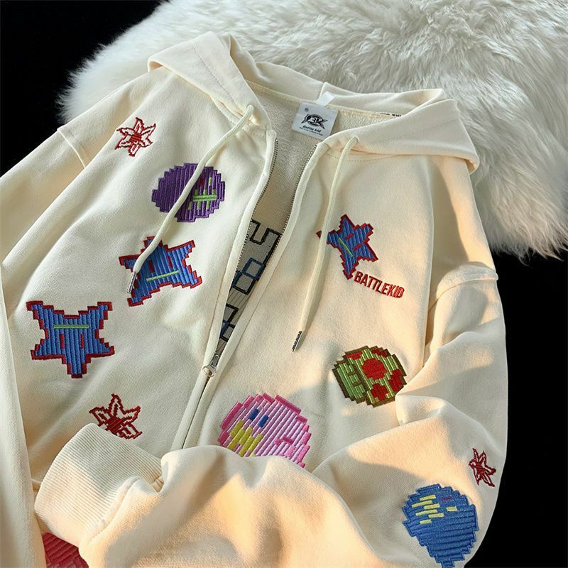 WARM Sweatshirt Women Zip Up Oversized Retro Streetwear pixel pattern Printing Hoodies Punk Hooded Jackets Embroidery Y2k
