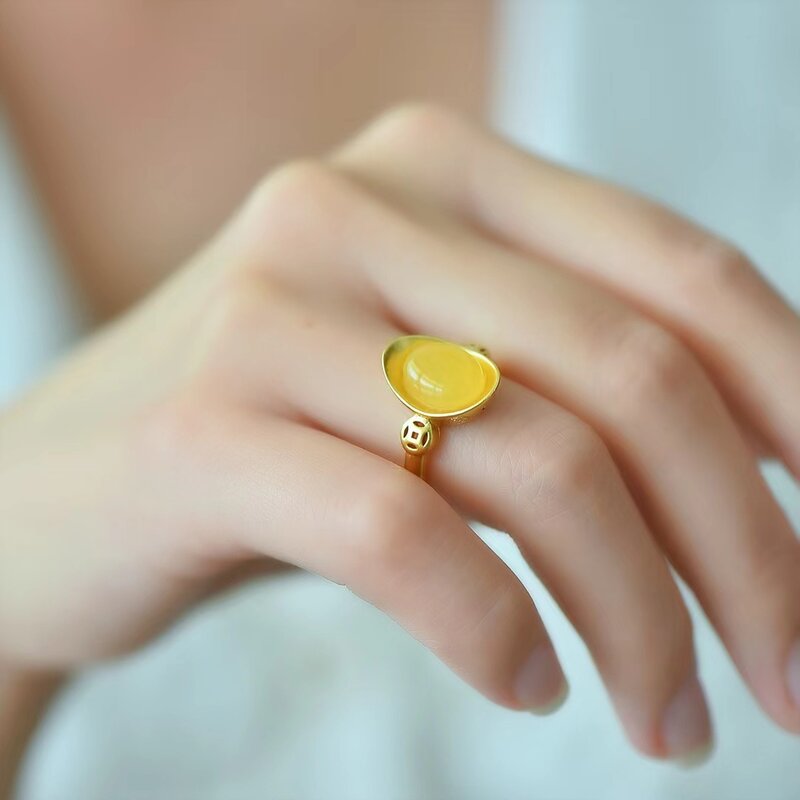 Cincin lilin lebah alami wanita dapat diatur cincin Amber batu permata mewah perhiasan ornamen Retro hadiah cincin anak perempuan modis