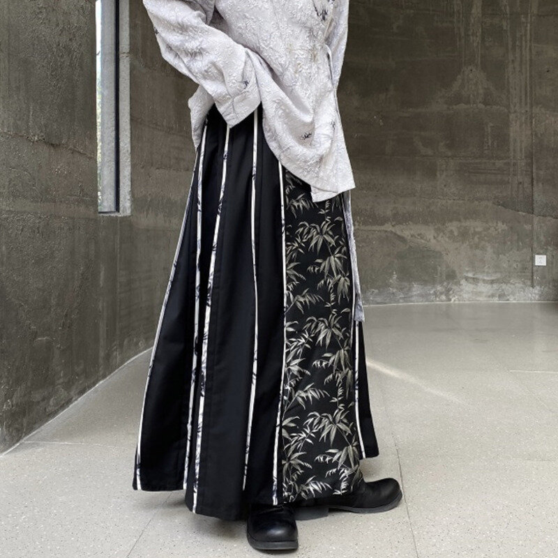 IEFB spodnie w stylu chińskim męskie letnie nowe żakardowe haftowane bambusowe splot spódnica z twarzą konia męski nadruk Patchwork 9C5858