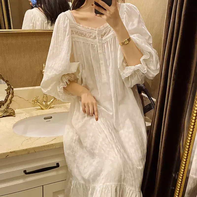 Vestido de noite vitoriano de algodão puro feminino, vestido longo, primavera, outono, branco, manga cheia, camisolas vintage, roupa de dormir princesa