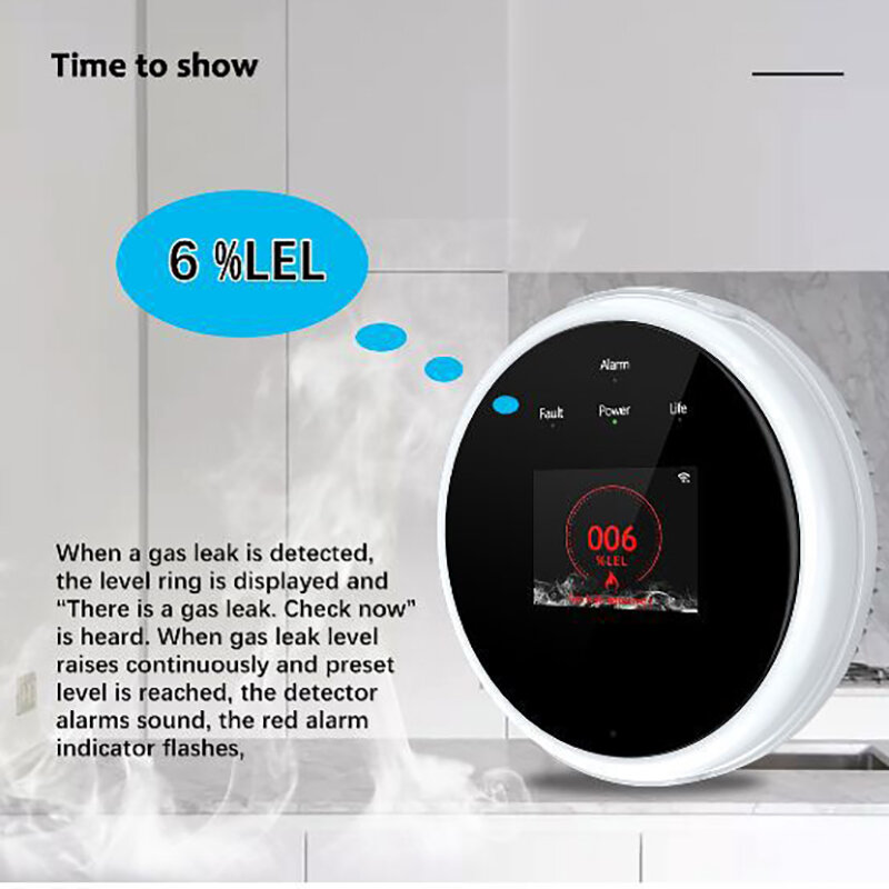 Tuya WIFI wykrywacz nieszczelności instalacji gazowej gaz ziemny LPG Alarm temperatury komunikat głosowy App zawór łączący do inteligentnego domu