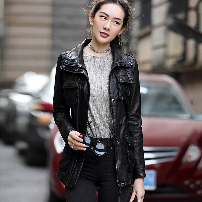 2023 nowa moda kożuch wysokiej jakości skórzana kurtka średniej długości koreański motocykl damskie kurtki damskie