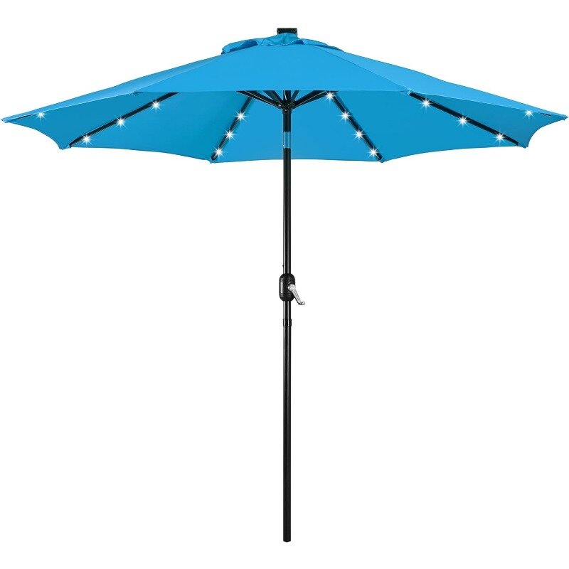 9FT Solar Powered Patio Umbrella - UV Protection Market Table Umbrella w/ 32 LED Lights & Push Button Tilt & Crank Lift System