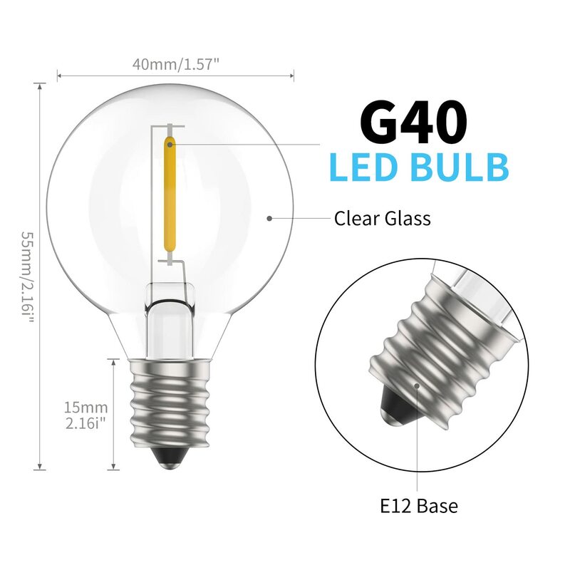 Ampoule LED G40 à Base E12, Lampe à Filament en Plastique l'horloge, DC 3V, 1W, Globe Blanc Chaud de Remplacement pour Guirxiété Solaire