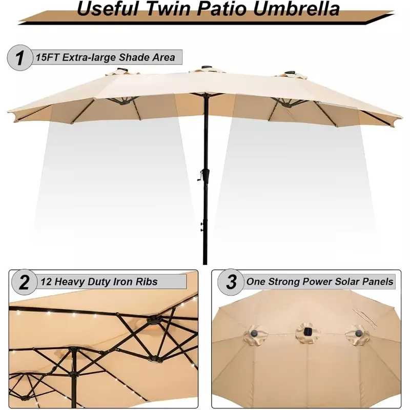 태양열 LED 조명이 있는 대형 파티오 우산, 초대형 야외 테이블 시장 우산, 크랭크 파티오 우산