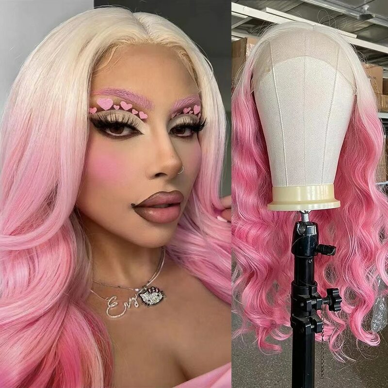 Blond do różowego Ombre różowa peruka falowane syntetyczne ciała koronkowa peruka na przód naturalne długie włosy z włókna ciepłowniczego Cosplay do makijażu kobiet
