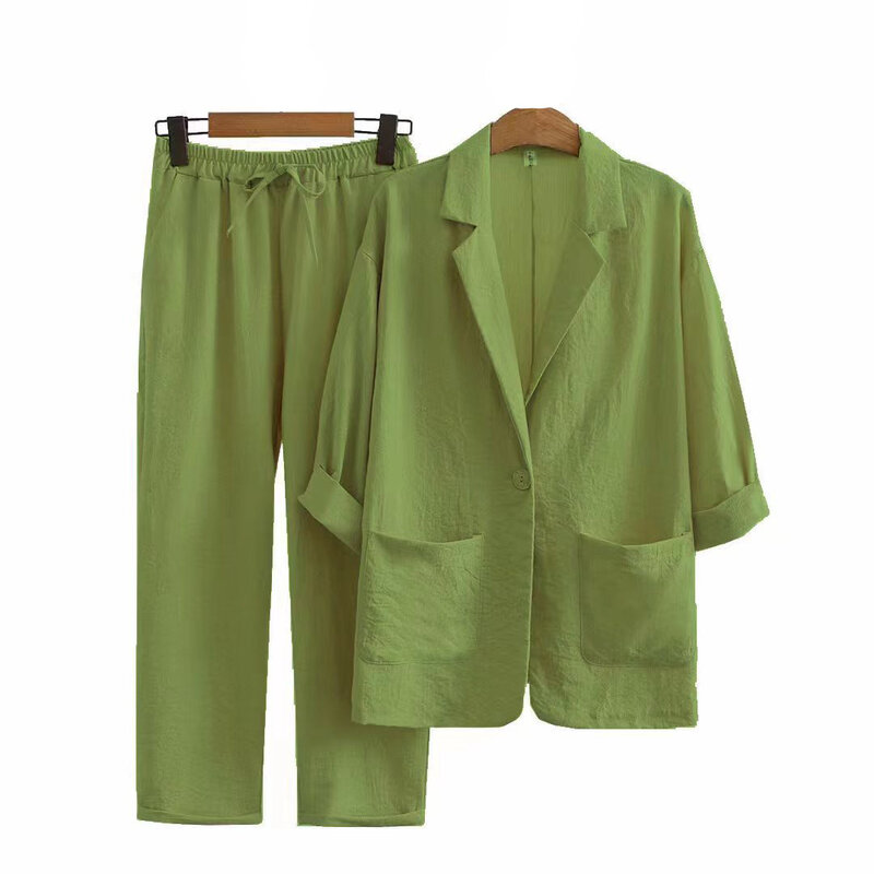 Fato casual solto feminino, jaqueta de linho e algodão, calças de bolso plus size, elegante, novo para primavera e verão