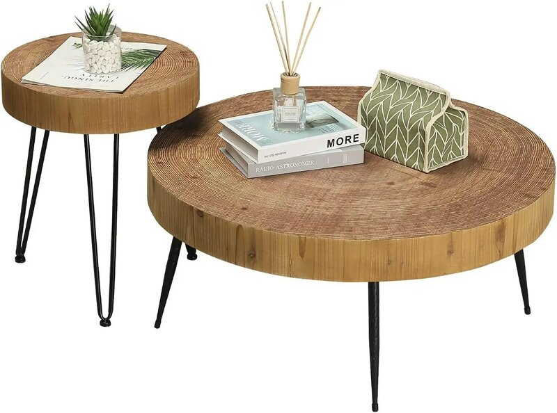 Conjunto de 2 mesa de centro redonda, mesa de cocktail, círculo moderno, acabamento em madeira natural, lado e mesa final para sala