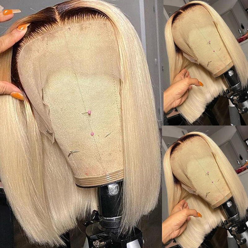 CUBIC 16Inch 1BT613 Blonde Colored Lace Frontal Wig T Part Short Bob Black Root Human Hair Wigs 13x4 Sraight lace Front Wig