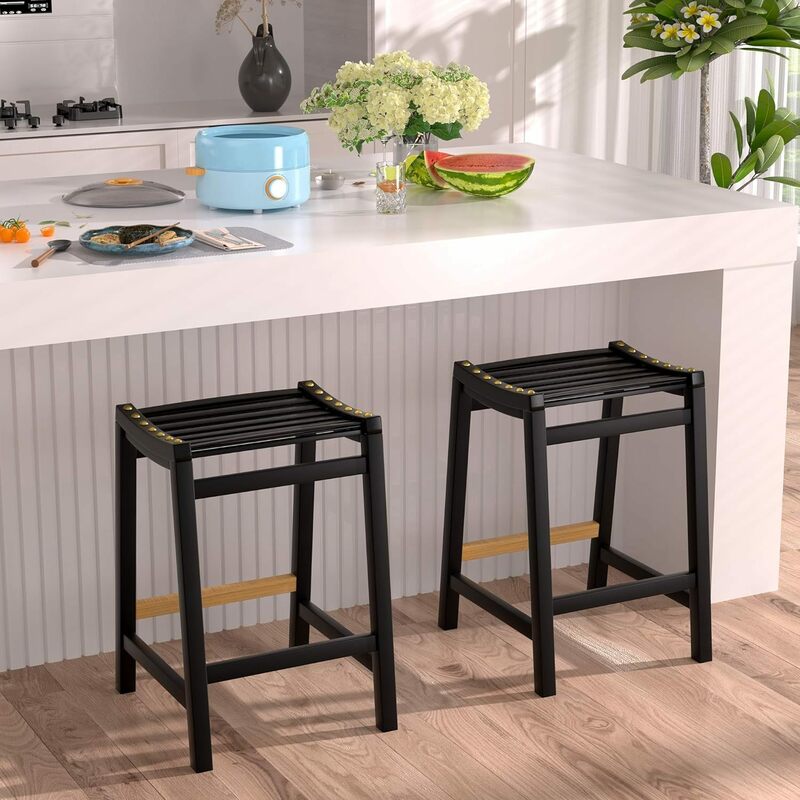 Modern Classic Black Bamboo Bar Stools Set of 2, 24 Inch High Counter Height Stools with Backrest, Stylish and Comfortable Count