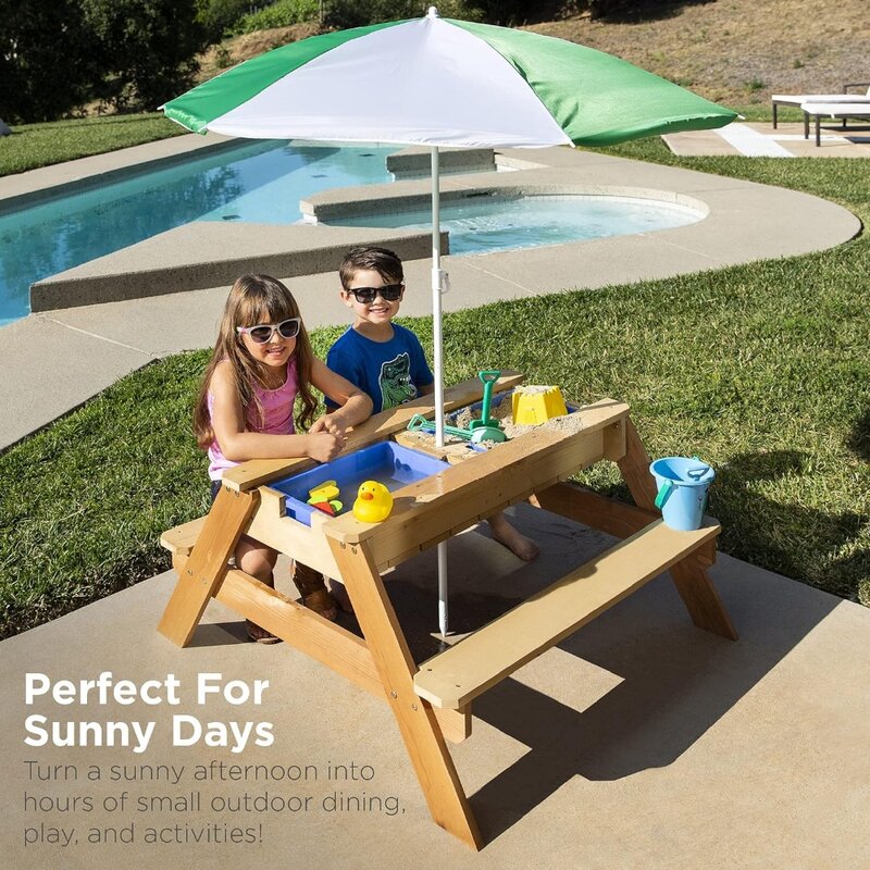 Kinder 3-in-1 Sand & Wasser Aktivität Tisch, Holz Outdoor Cabrio Picknick tisch mit Regenschirm, 2 Spielboxen, abnehmbare Top-Grün