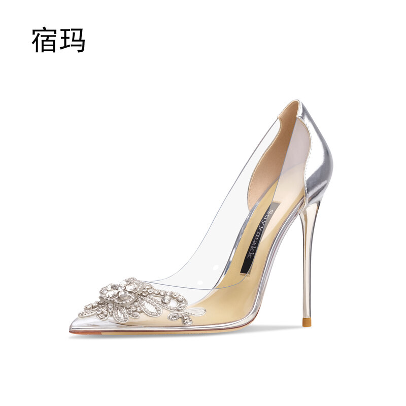 Sepatu Hak Tinggi PVC Transparan Pompa Wanita Berlian Imitasi Mewah Sepatu Pernikahan Ujung Lancip Seksi Sepatu Pesta Modis untuk Malam Wanita 8Cm