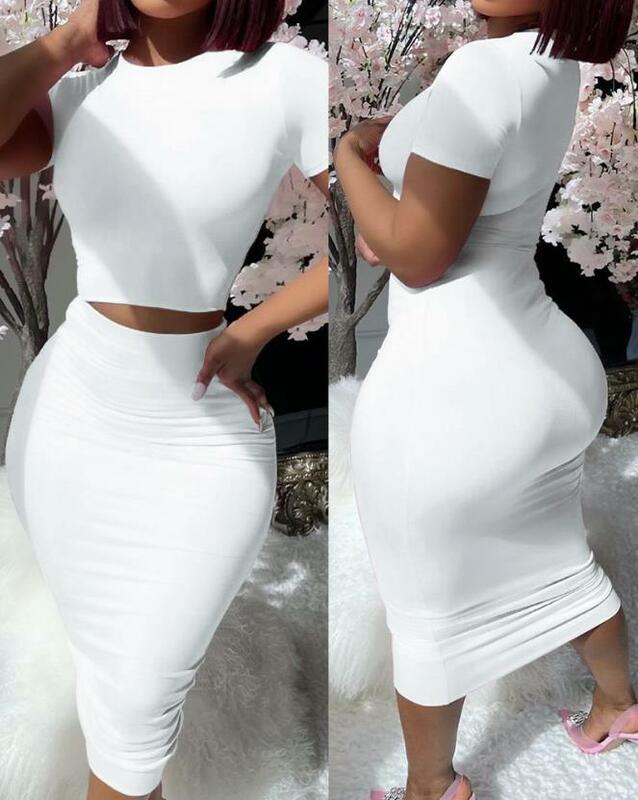 Basic Casual Skirt Two-Piece Set 2023 Summer Fashionable Round Neck Short Sleeved Top & Solid Color Tight High Waisted Skirt Set