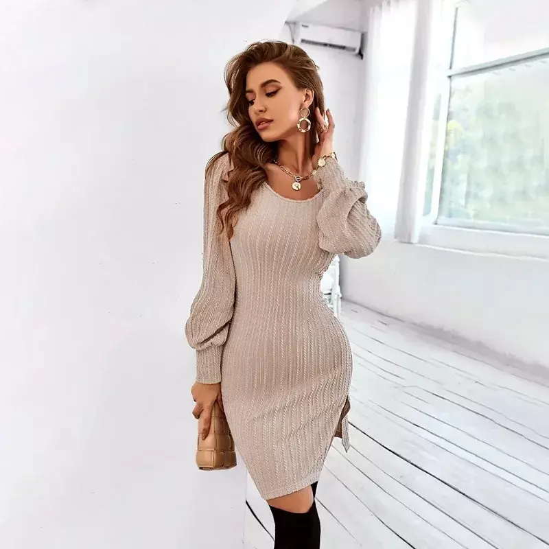 2024 New Women's Dress Sexy Round Neck Hollow Out Long Sleeve Mini Lace Dress Elegant Sexy Splice Lace Slim Hip Wrap Skirt YSQ45