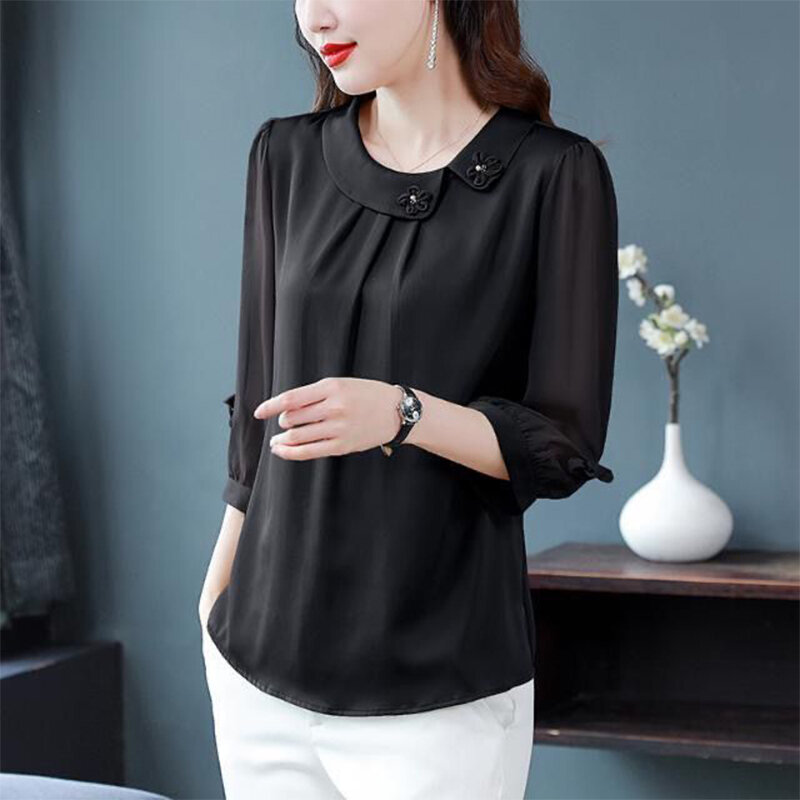 Summer New Solid Color Doll Collar Patchwork Blouse Ladies Elegant Fashion 3/4 Sleeve All-match Vintage Top Women Chiffon Shirt