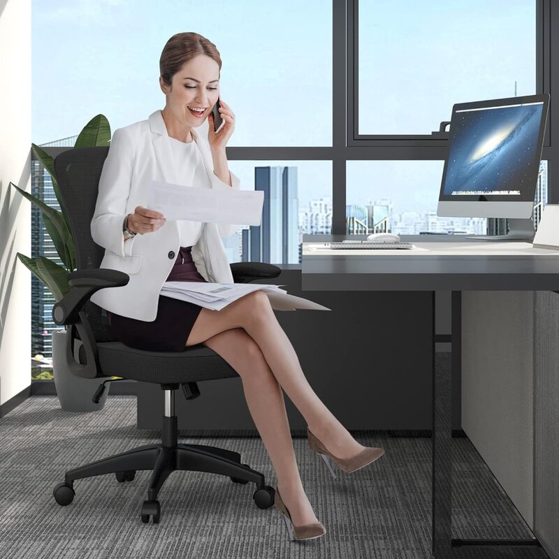 Silla de oficina ergonómica con respaldo medio, silla de escritorio con altura ajustable, Silla giratoria con brazos abatibles y soporte Lumbar