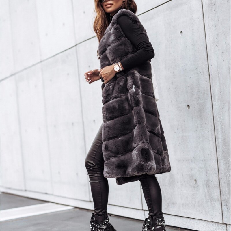 Chalecos largos de piel sintética para mujer, abrigo sin mangas de cintura alta, cuello redondo, Color sólido, Otoño e Invierno