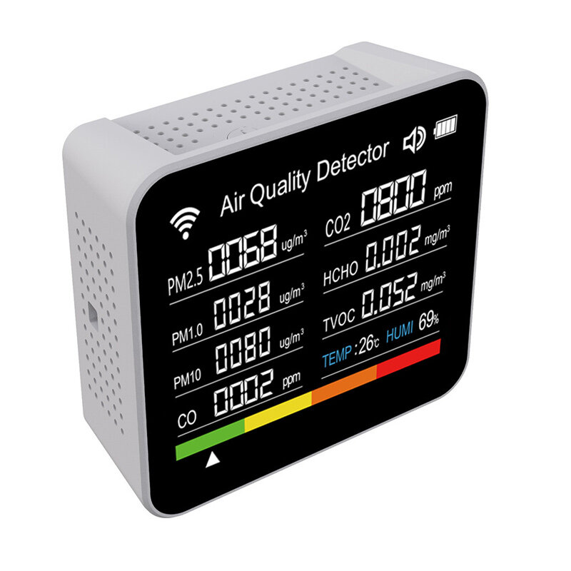 Sensor de temperatura y humedad, Detector de calidad del aire, Monitor de dióxido de carbono, PM2.5, PM1.0, PM10, CO, TVOC, HCHO, Detector de contaminantes