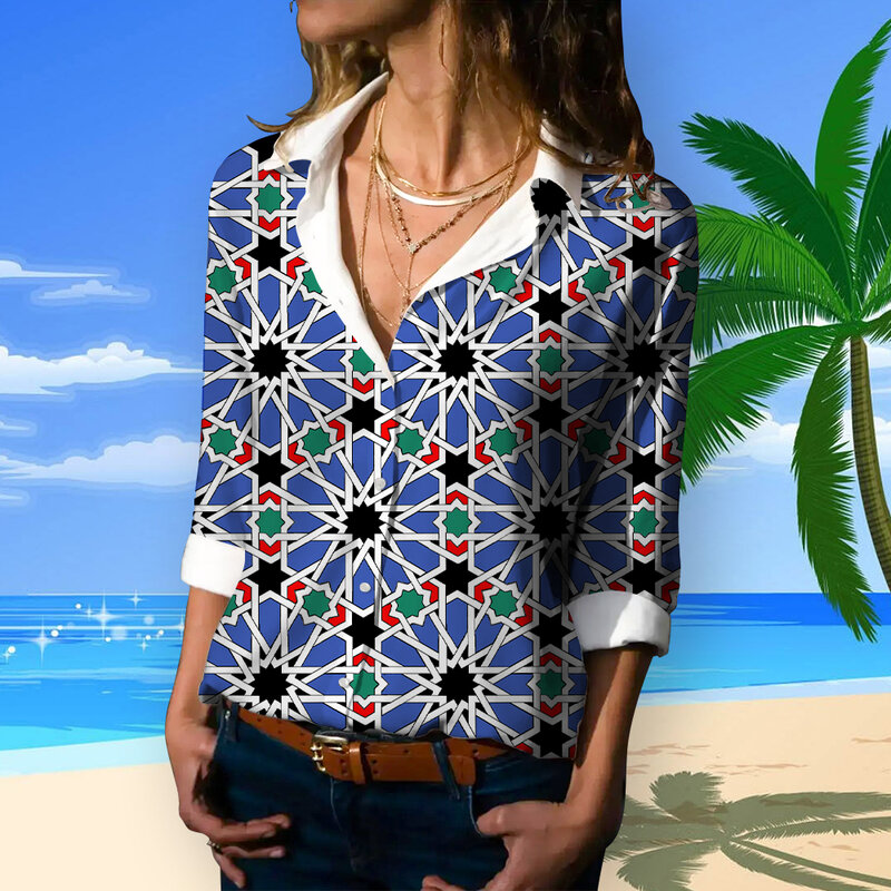 Baju lengan panjang wanita, kaus kantor wanita kancing Hawai, atasan longgar kasual motif bunga harian musim panas mode jalanan