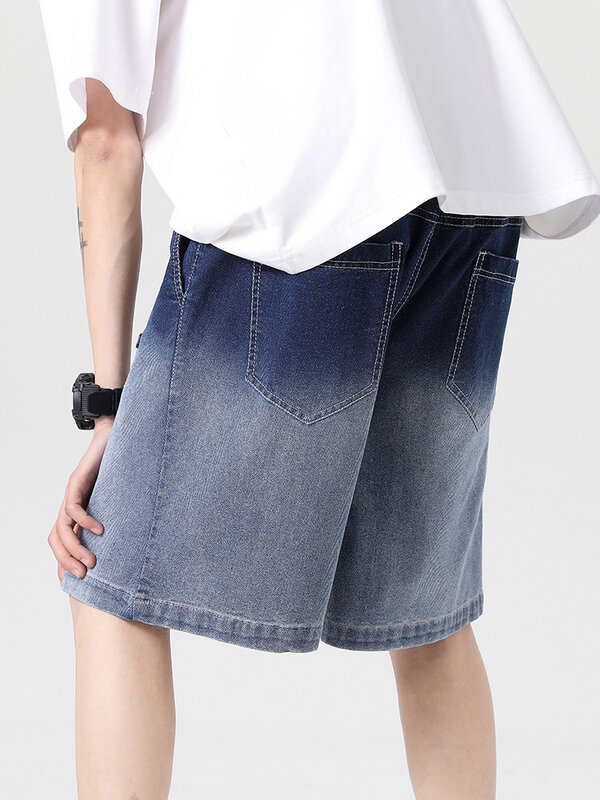 2023 New Gradient Summer Denim Shorts Men Cotton Casual Breeches Short Pants Drawstring Baggy Jeans Shorts Male Plus Size 8XL