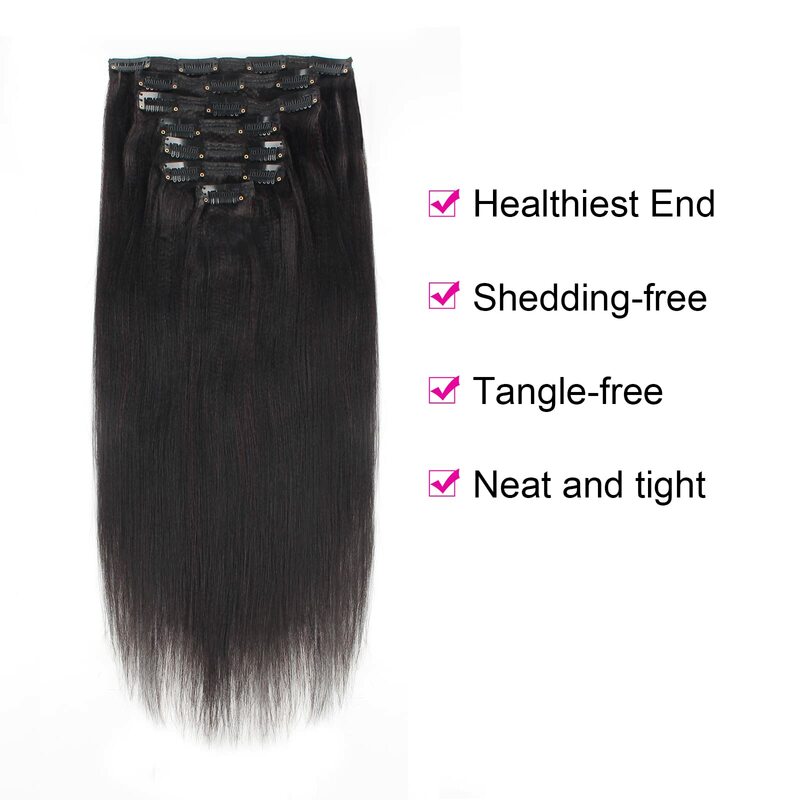 Yaki Straight Clip em extensões para mulheres, 100% cabelo humano, trama dupla, 12-26in