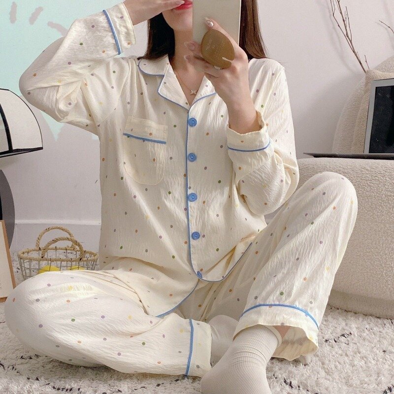 Conjunto de pijama de manga comprida de bolinhas feminino, pijama estilo coreano, doce estética, roupas para dormir, primavera e outono, novo