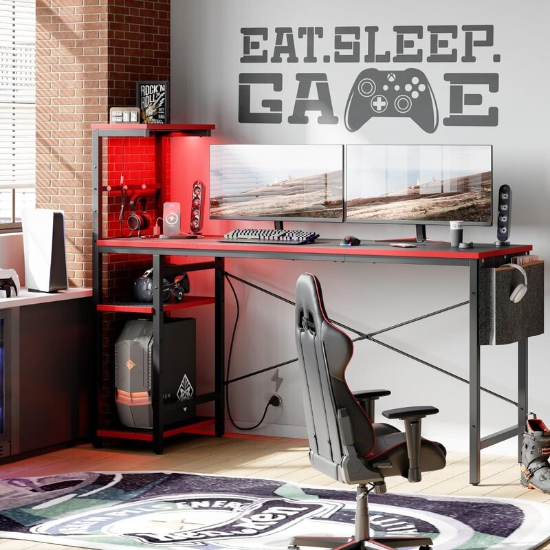 Biurko do gier Bestier z gniazdami elektrycznymi, 61-calowe duże biurko dla graczy LED z 4-poziomowymi odwracalnymi półkami, stół do gier PC